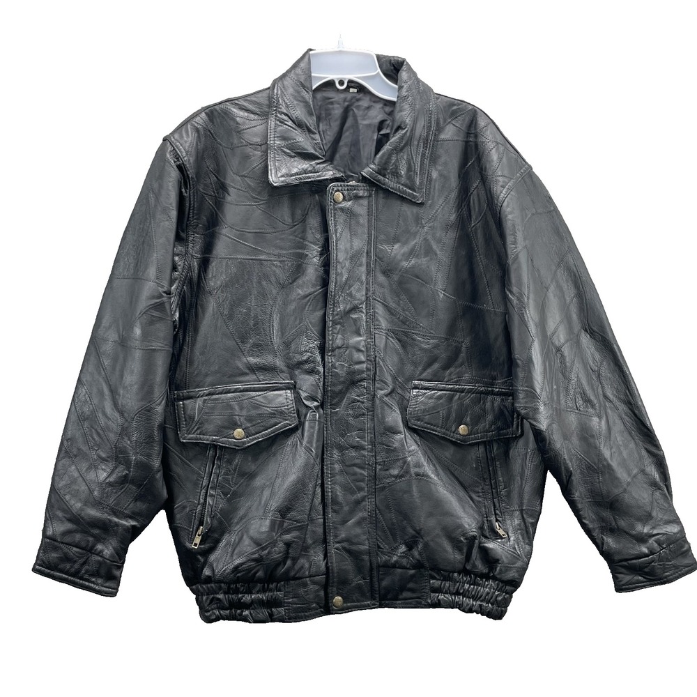 Genuine Leather Patchwork Bomber Jacket Men's XL Grunge Moto 90s Grunge Biker‎